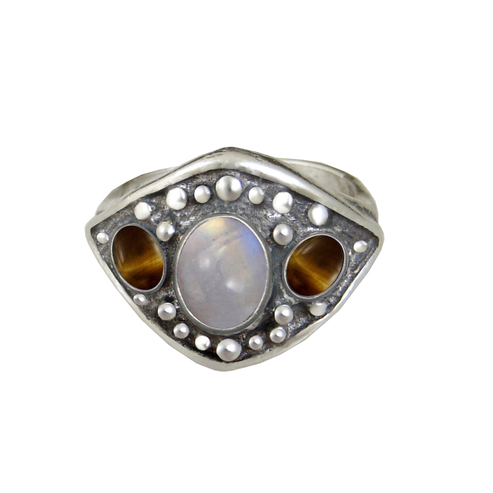 Sterling Silver Medieval Lady's Ring With Rainbow Moonstone And Tiger Eye Size 7